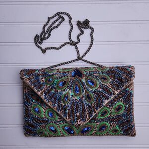 Clements Ribeiro Black Label Peacock Beaded Clutch Crossbody Purse NWT Chain